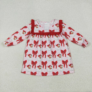 Santa Bow Pattern Red Ruffles Pink Girls Christmas Dress