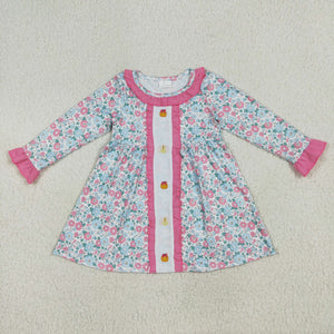 Pumpkin Turkey Pink Ruffles Floral Girls Thanksgiving Dress
