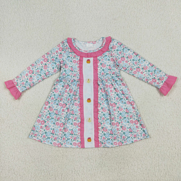 Pumpkin Turkey Pink Ruffles Floral Girls Thanksgiving Dress