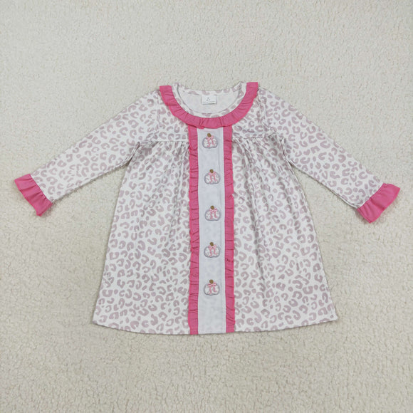 Pumpkin Bow Pattern Leopard Print Ruffles Girls Long Sleeve Dress