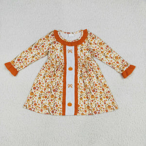 Pumpkin Bow Pattern Floral Orange Ruffles Girls Long Sleeve Dress