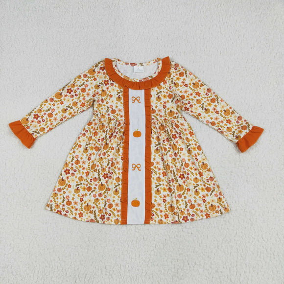 Pumpkin Bow Pattern Floral Orange Ruffles Girls Long Sleeve Dress