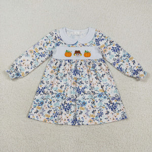 Pumpkin Scarecrow Floral Girls Long Sleeve Dress