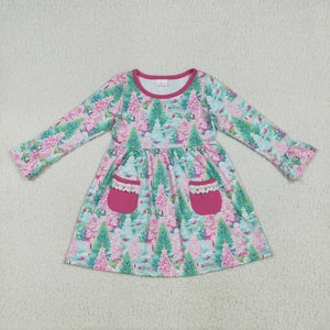 Trees Lace Ruffles Hot Pink Pockets Girls Christmas Dress