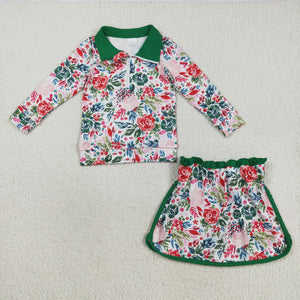 Floral Green White Shorts Girls Skirt Sets