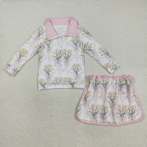 Floral Bow Pattern Pink White Shorts Girls Skirt Sets
