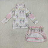 Floral Bow Pattern Pink White Shorts Girls Skirt Sets