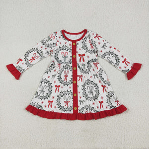 Bow Pattern Red Ruffles Girls Christmas Dress