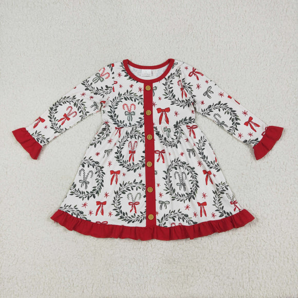 Bow Pattern Red Ruffles Girls Christmas Dress