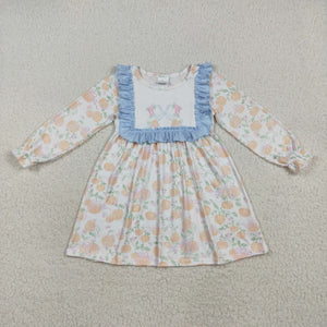 Pumpkin Bow Pattern Blue Ruffles Girls Long Sleeve Dress
