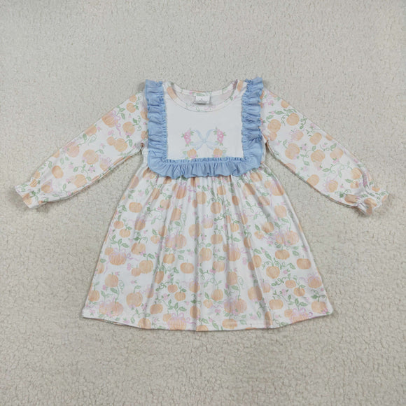 Pumpkin Bow Pattern Blue Ruffles Girls Long Sleeve Dress
