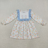 Pumpkin Bow Pattern Blue Ruffles Girls Long Sleeve Dress