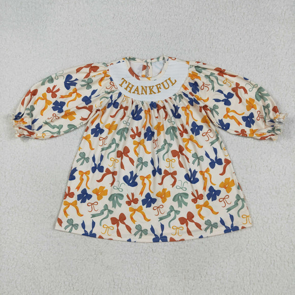 Thankful Bow Pattern Smocked Girls Thanksgiving Dress