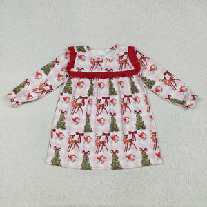 Santa Reindeer Bow Pattern Red Ruffles Pink Plaid Girls Christmas Dress