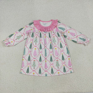 Tree Pink Bow Pattern Plaid Ruffles Girls Christmas Dress