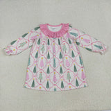 Tree Pink Bow Pattern Plaid Ruffles Girls Christmas Dress