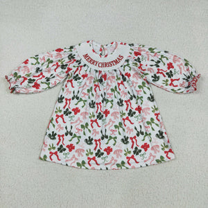 Merry Bow Pattern Smocked Girls Christmas Dress