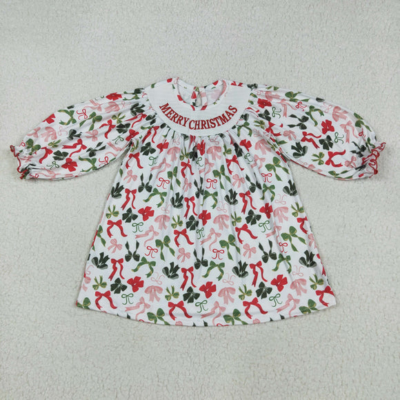 Merry Bow Pattern Smocked Girls Christmas Dress