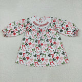 Merry Bow Pattern Smocked Girls Christmas Dress