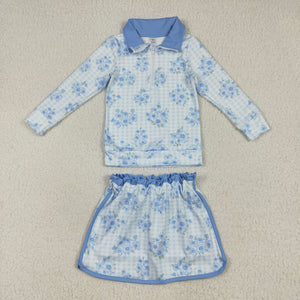 Floral Blue Plaid Athletic Shorts Girls Skirt Sets