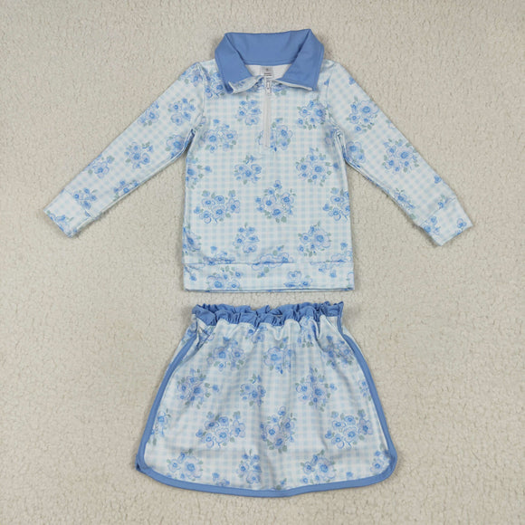 Floral Blue Plaid Athletic Shorts Girls Skirt Sets