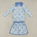 Floral Blue Plaid Athletic Shorts Girls Skirt Sets