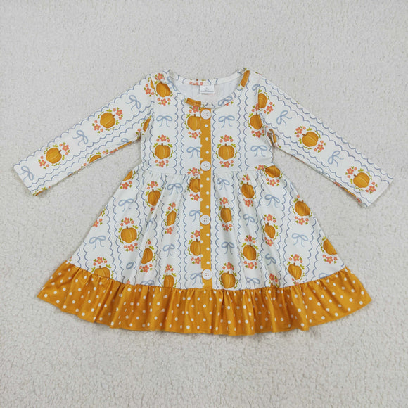 Pumpkin Bow Pattern Polka Dots Orange Ruffles Girls Long Sleeve Dress