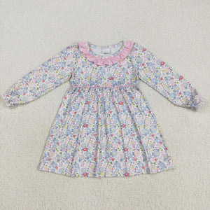 Floral Pink Ruffles White Girls Long Sleeve Dress