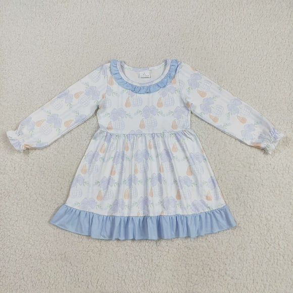 Floral Pumpkin Blue Ruffles White Girls Long Sleeve Dress