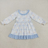 Floral Pumpkin Blue Ruffles White Girls Long Sleeve Dress