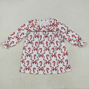 Red Bow Pattern Candy Cane White Girls Christmas Dress