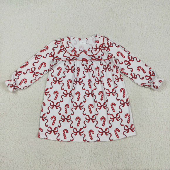 Red Bow Pattern Candy Cane White Girls Christmas Dress