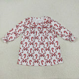Red Bow Pattern Candy Cane White Girls Christmas Dress