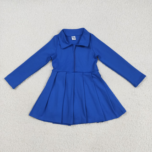 Solid Blue Athletic Girls Long Sleeve Dress