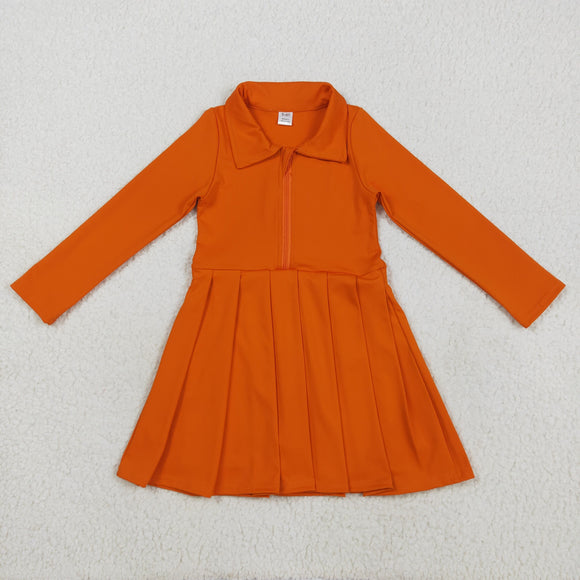 Solid Orange Athletic Girls Long Sleeve Dress