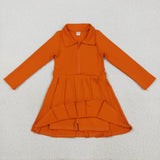 Solid Orange Athletic Girls Long Sleeve Dress