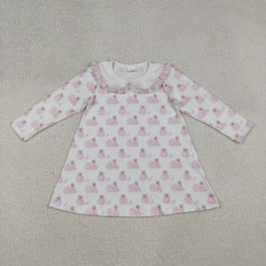 Pumpkin Dog Floral Pink White Girls Long Sleeve Dress