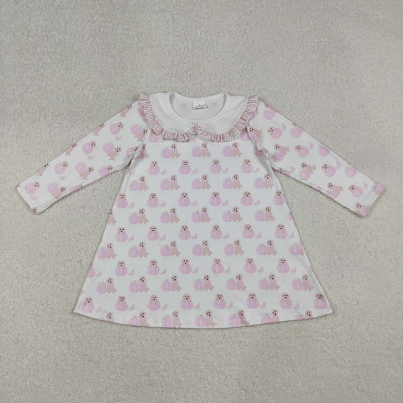 Pumpkin Dog Floral Pink White Girls Long Sleeve Dress