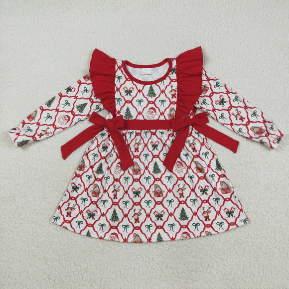 Santa Bow Pattern Plaid Red Girls Christmas Dress