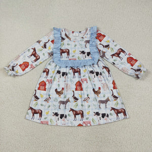 Farm Animals Blue Ruffles White Girls Long Sleeve Dress