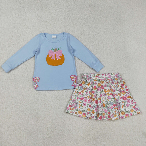 Floral Pumpkin Bow Embroidery Shorts Girls Skirt Sets