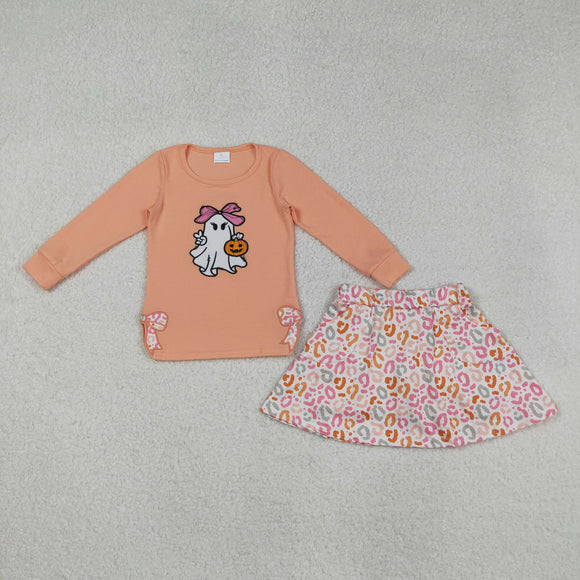 Ghost Leopard Print Bow Embroidery Skirt Sets Girls Halloween Outfits