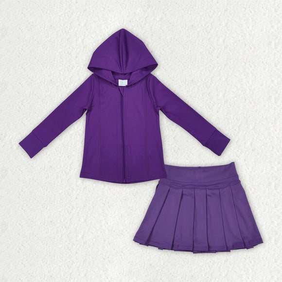 Solid Purple Athletic Hoodie Girls Skirt Sets