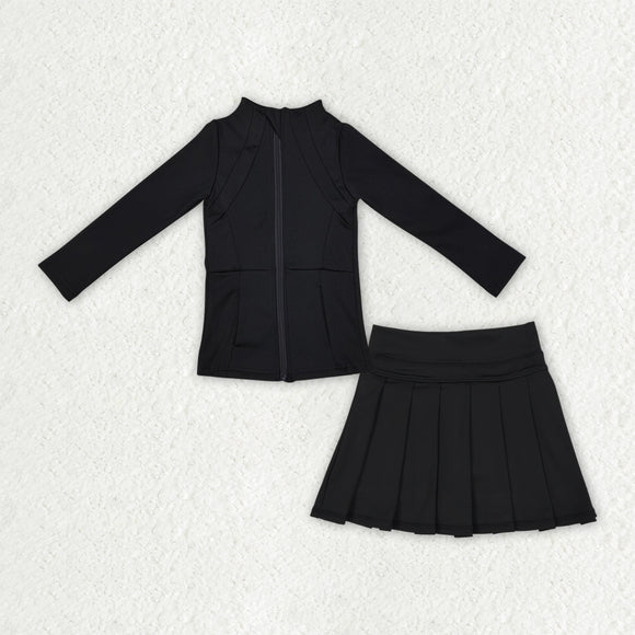 Solid Black Athletic Zipper Girls Skirt Sets