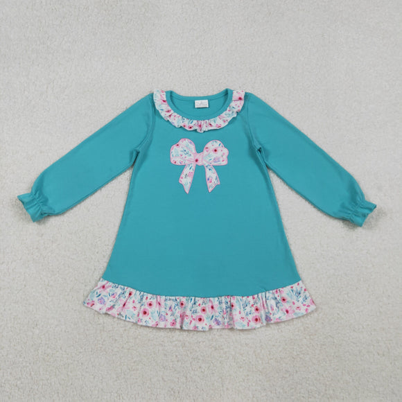 Bow Embroidery Floral Ruffles Blue Girls Long Sleeve Dress
