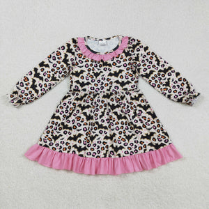 Bats Leopard Print Pink Ruffles Girls Halloween Dress