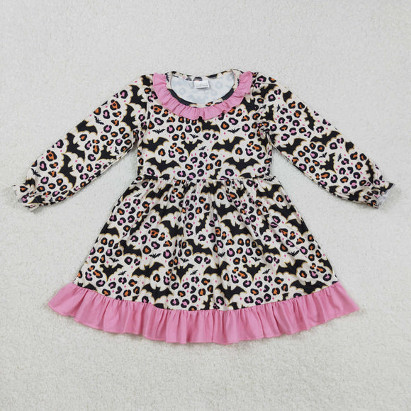 Bats Leopard Print Pink Ruffles Girls Halloween Dress