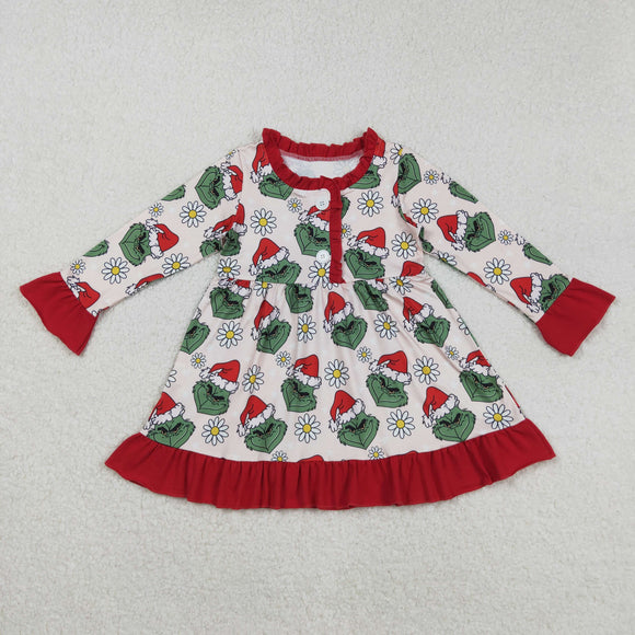 Cartoon Floral Red Ruffles Beige Girls Christmas Dress