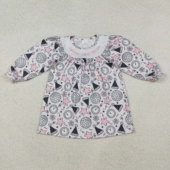 Happy New Year Embroidery Clock Girls Long Sleeve Dress
