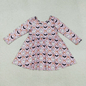Ghost Bat Bow Pattern Pink Girls Halloween Dress
